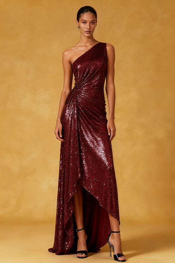 Burgundy One Shoulder Ruched Sequin Evening Dress